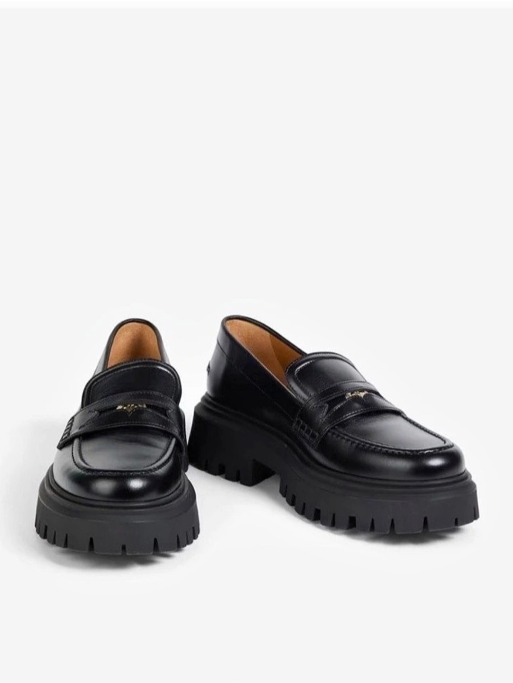 maje Leather Platform Lug Sole Loafers with Medallion Detail Black EU 37
